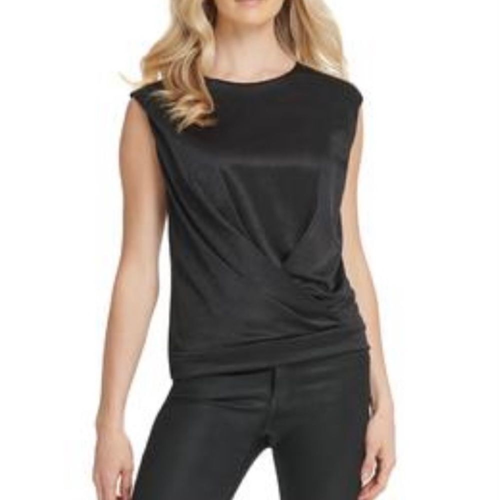 DKNY Black Overlap Cap Sleeve Tank Top, Small
